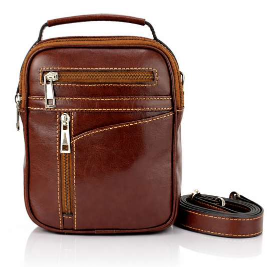Borseta barbati Andreas&Beltmondo® Giorgio piele naturala maro deschis 17x8x21 cm, lux, 3 buzunare fata, bareta reglabila, fabricata in Romania